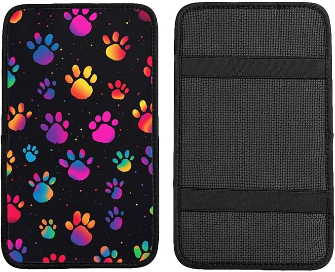 indokyeyqaz Universal Car Center Console Cushion Pad, Colorful Dog Paw Prints Soft Waterproof Car Center Console Cover Auto Armrest Seat Box Cover Protector for Most Vehicle SUV Truck Car