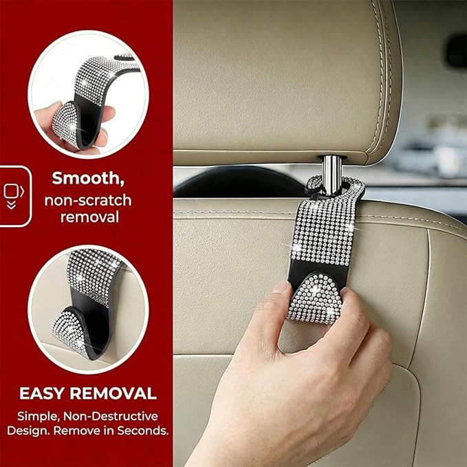 4PCS Bling Car Seat Headrest Hooks, Crystal Rhinestone Vehicle Back Seat Hanger Holder, Auto Interior Headrest Hanging Storage Organizer for Purse Handbag Coat, Universal Fit (Orange)