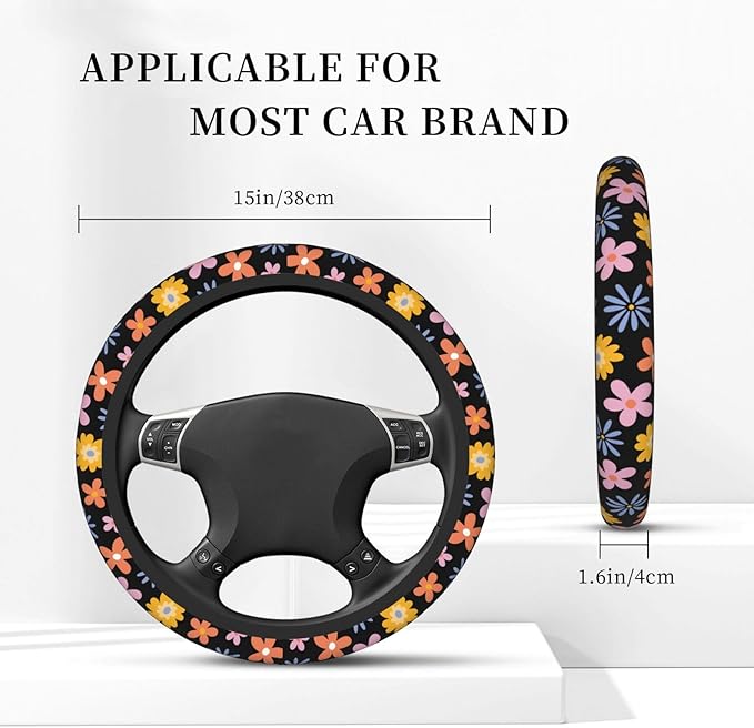 Vintage Daisy Neoprene Steering Wheel Cover Anti-Slip Elastic Flower Floral Steering Wheel Protective Cover 15in Universal Car Accessories Fit Cars, SUVs, Auto