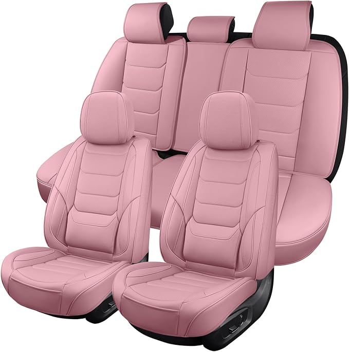 SCOMEE Pink Leather Car Seat Covers Full Set Breathable Seat Protectors Waterproof Automotive Seat Covers Universal Fit for Most Cars SUVs Trucks Vehicles