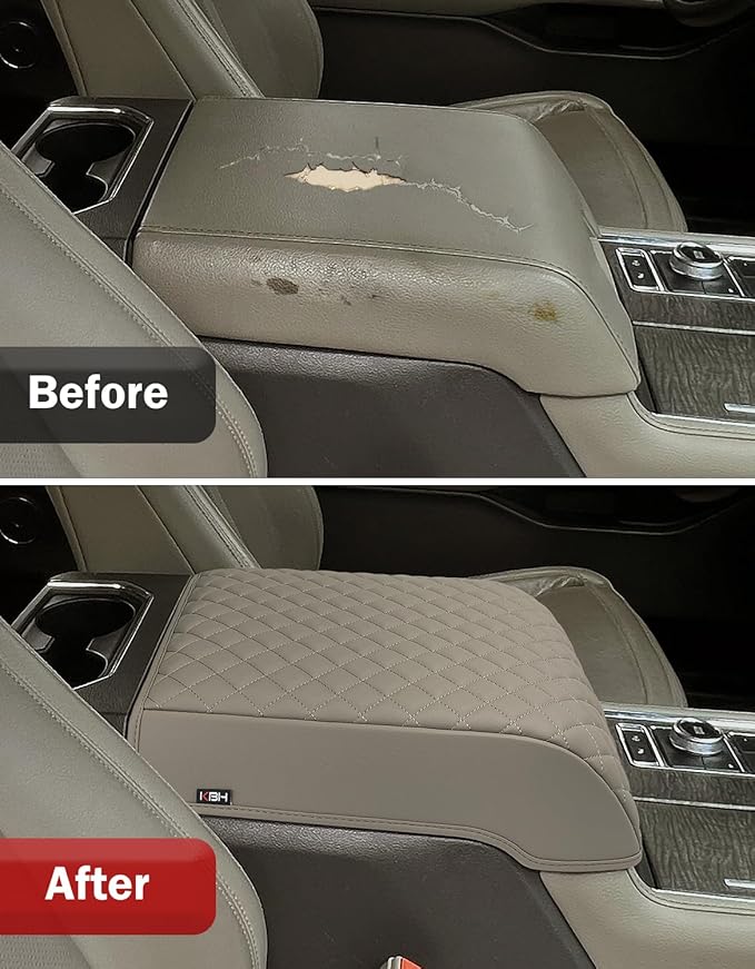 KBH Center Console Armrest Cover for 2015-2020 Ford F150, 2017-2022 F250-F550, 2018-2024 Expedition, Bucket Seat, PU Leather Cushion Pad, Anti-Scratch, Stone Gray (Not for Other Years)