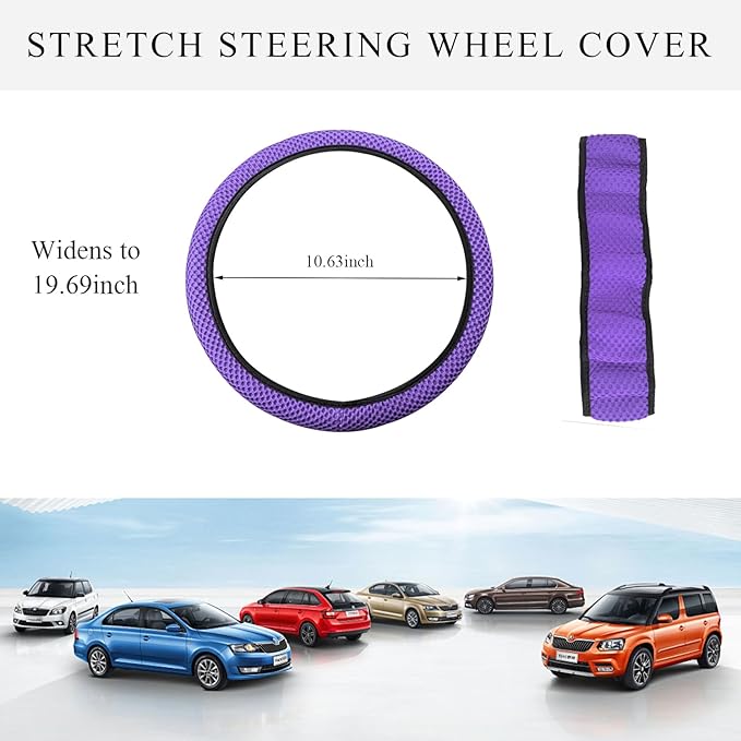Elastic Steering Wheel Cover, 15"×15" Comfy Breathable Stretch Steering Wheel Protector, Ice-Silk Cloth Polyester Steering Wheel Cover for Men Women, Car Accessories (Purple)