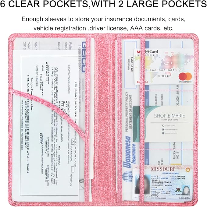 Car Registration and Insurance Holder, Premium Leather Insurance and Registration Holder,vehicle Glove Box Car Organizer, with Magnetic Shut for Cards, Driver License (Glitter Pink)