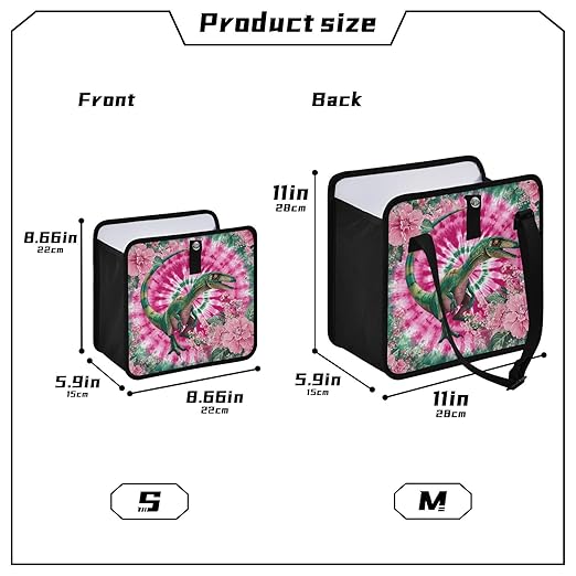 Car Trash Can Organizer Bin with Adjustable Strap for Back Front Seat Console Waterproof Leakproof Collapsible Portable 8.66 Inch Tie Dye Dinosaur Pink Green