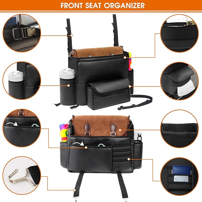 Car Purse Holder Between Seats, Car Seat Purse Handbag Holder, Automotive Consoles Organizers Storage Barrier Car Interior Accessories, Leather Large Capacity (Black)