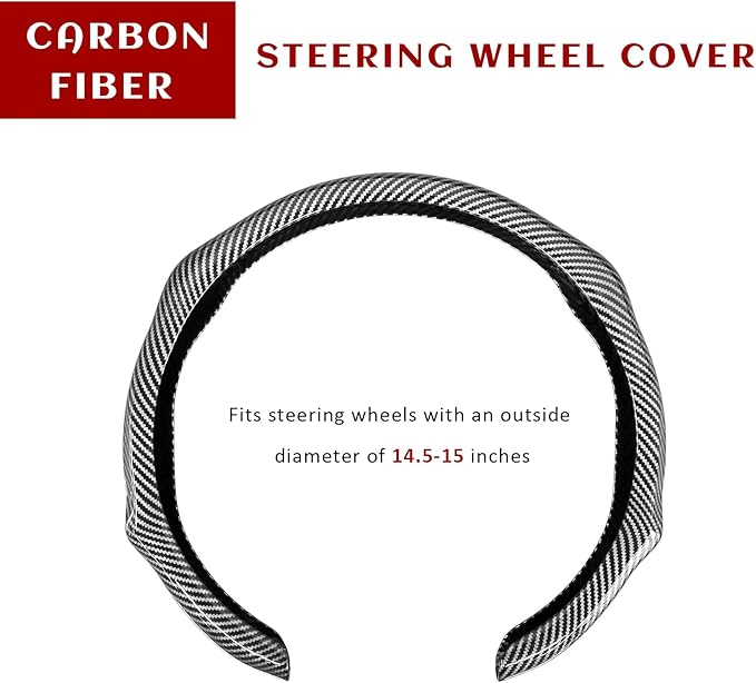 Sun Walker Carbon Fiber Car Steering Wheel Cover, 15" Anti-Slip Wear-Resistant Steering Wheel Protector Stylish Interior Decor, Ultra-Thin Comfortable Leather Wheel Cover for Women Men (Silver)