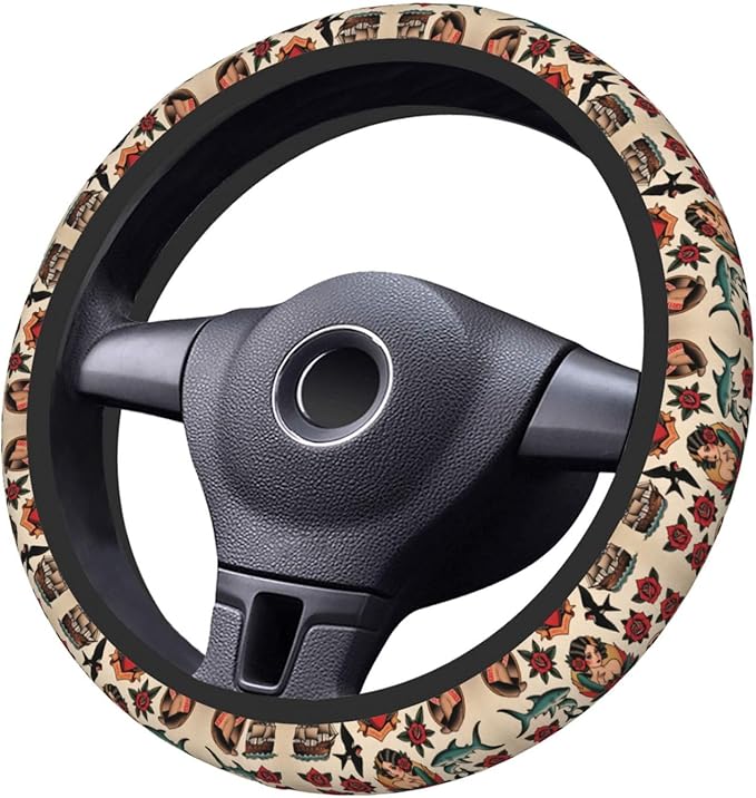 America Traditional Tattoo Car Steering Wheel Cover, 15 Inch Steering Wheel Cover Stylish Decor for Most Cars