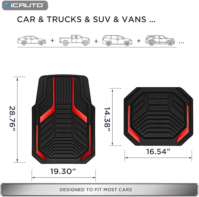 PIC AUTO Heavy Duty Rubber Floor Mats, Red Aluminum Film Car Mats Set, Front and Rear Car Mats with Anti-Slip Backing, All Weather Protection, Trim-to-Fit for Automotive SUV, Sedan, Van