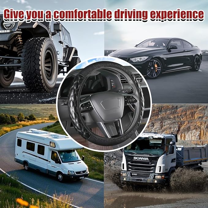 Car Steering Wheel Cover, 15 inch Elastic PU Leather Non-Slip Vehicle Steering Wheel Protector, Breathable Automotive Interior Accessories, Universal for SUV, Truck, RV (Black)