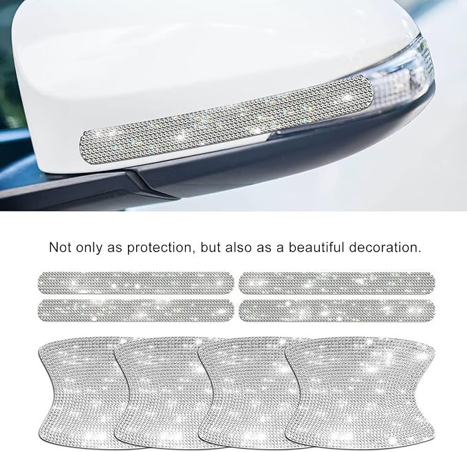 kingsea 8pcs Bling Car Door Handle Protector Stickers,Crystal Rhinestone Glitter Car Door Handles Cup Scratch Protectors Decals Universal (White)
