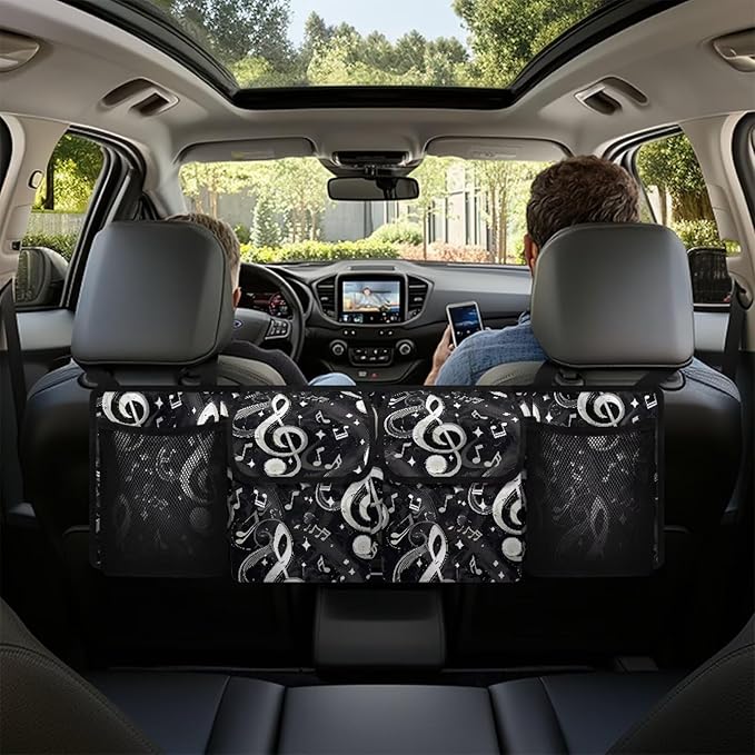 Car Trunk Organizer Backseat Hanging Organizer with Pockets, Super Capacity Storage Solution Decoration for SUVs, Trucks, Vans, and Cars,Black Music Note Treble Clef Art