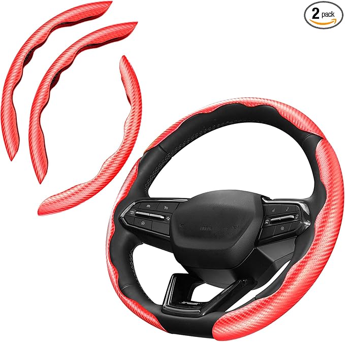 3 Piece Carbon Fiber Steering Wheel Cover, Car Steering Wheel Cover for Men/Women, Anti-Slip, Comfortable Grip, Durable, Universal for 99% Car Interior Accessories (Red)