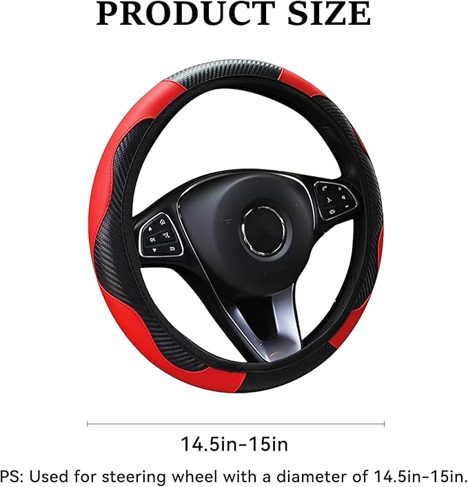 Car Steering Wheel Cover, 15 inch Carbon Fiber Microfiber PU Leather Elastic Steering Wheel Protector for Men Women,Universal Durable Car Decorative Fit for Most Cars, Trucks, SVU (Red)
