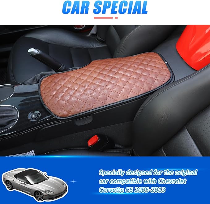 Car Arm Rest Cushion Pad Protector Compatible with Chevrolet Corvette C6 2005-2013 Car Center Armrest Cover,Leather Console lid Protector,Center Console Pad Anti-Scratch Accessories (Brown)