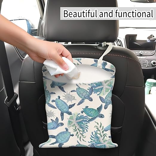 AUEKLLW Car Trash Can, Hanging Garbage Bin for Men and Women, Cute Car Organizer and Storage Bag, Canvas Vehicle Trash Can Bag Easy-to-Install Cute Blue Turtle