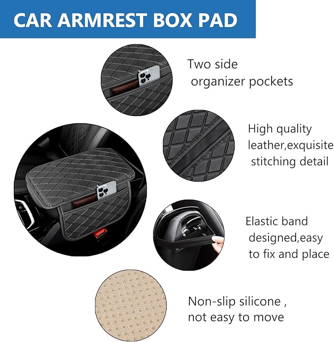 Center Console Cover Universal Armrest Cover with 2 Storage Bags Leather Car Middle Console Cover Arm Rest Cover for Car Interior Accessories Protector for Most Vehicle