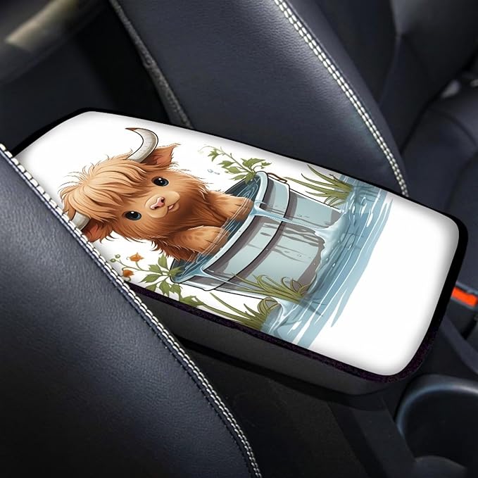 Cute Highland Cow Car Console Covers Armrest Console Cover Soft Car Center Console Cover Accessories Protect from Pet Claws Universal Cars Interior Accessories Decoration