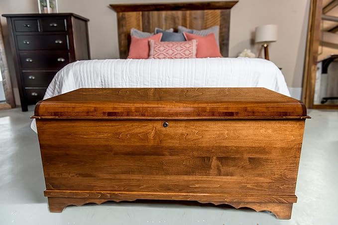 Rustic Red Door Co. Cedar Hope Chest with Waterfall Top, Amish Made Wooden Storage Trunk Box for Bedroom, Blanket, Clothes, Anti-Slam Hinges and Lock, 46", Brown Maple Wood, Asbury Stain