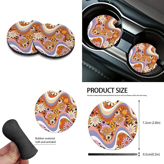 10 PCS Car Interior Accessories Sets for Women, Daisy Stripe Printed Comfortable Breathable Car Front and Back Seat Protector with Steering Wheel Cover Trash Can Coaster, Universal Fits
