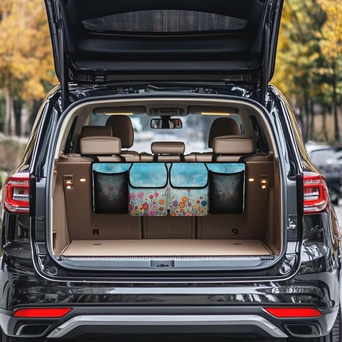Hanging Trunk Organizer for Car Women Oxford Cloth Car Organization Accessories with 4 Pocekt Reusable Car Back Seat Organizer for SUV/MPV/Truck, Machine Washable, Cute Flowers Blue