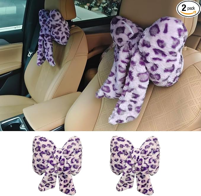 2PCS Cute Bow Car Headrest Pillow, Soft Breathable Leopard Plush Car Neck Support Pillow, Comfortable Warm Ergonomic Auto Interior Head Rest Cushion for Women, Girl (Purple)