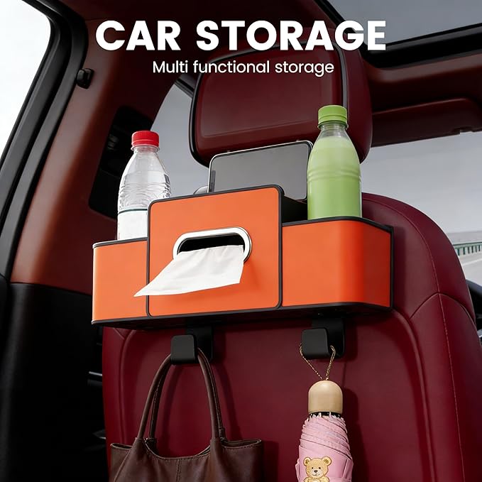 Car Seat Back Storage Box, 2026 New 3-in-1 Multifunctional Car Back Seat Organizer with Cup Holder, Tissue Box, Trash Bin & Hooks for Hold Phones, Snacks, Drinks, Handbags (Black)