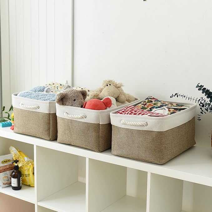 TheWarmHome Storage Basket for Organizing - 16x12x8 inch Large 3 Pack Collapsible Storage Bin for Shelves with Handles, Fabric Storage Cubes for Organizer Cloth Gift Toy Closet (Whiet & Khaki)
