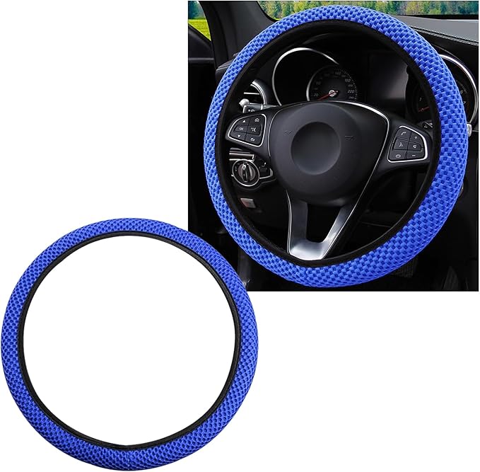 Elastic Steering Wheel Cover, 15"×15" Comfy Breathable Stretch Steering Wheel Protector, Ice-Silk Cloth Polyester Steering Wheel Cover for Men Women, Car Accessories (Blue)