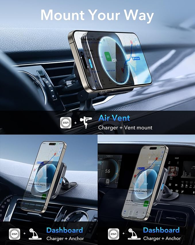 ESR for MagSafe Car Mount Charger, 15W Magnetic Wireless Car Charger, for MagSafe Phone Charging, Air Vent Phone Holder for iPhone 17e/17-12, Samsung Galaxy S26/S25, with 36W QC 3.0 Fast Charging
