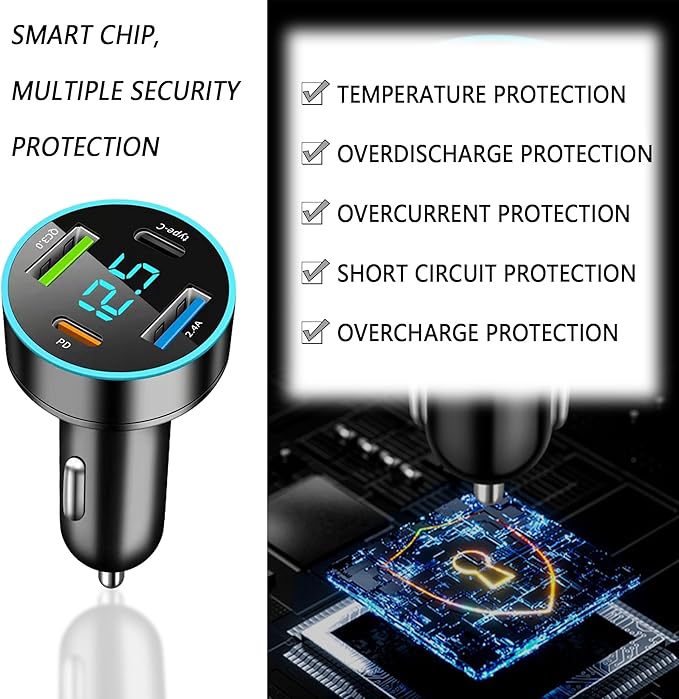 4-Port USB Car Charger,Car Charger Adapter with Blue LED,PD+QC3.0+Type C Ports Car Charger Adapter for Car Truck SUV Compatible with iPhone/Android (QC3.0+PD+2.4A+Type-C)