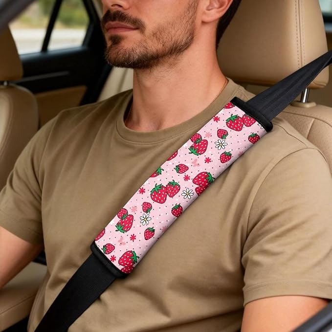 Qeluxign Strawberry Daisy Car Seat Covers 2 Front Seats Universal Fit Center Console Protector Auto Seat Belt Cover Against Stains, Spills, Dust Car Interior Accessories 5 Piece Set