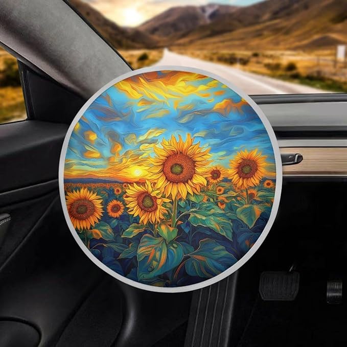 Artistic Sunflower Steering Wheel Sunshade Easy to Install Car Rudder Sun Block for SUV Vehicle Sedan Truck Car Accessories Gift for Holiday