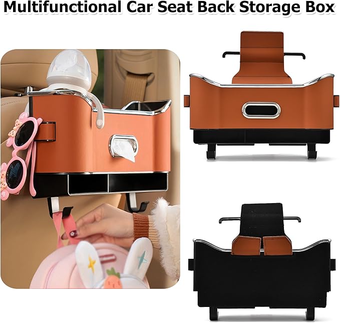 Backseat Car Organizer with Cup Holder, Multifunctional Headrest Storage Organizer for Cars, SUVs, Trucks, with Tissue Box, Drink Cup Holder & Handbag Hook (Orange)
