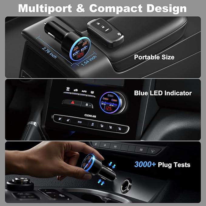 USB C Car Charger, OKRAY 2Pack 90W 5-Port PD30W Super Fast Charging Type C Car Charger 12v Cigarette Lighter Adapter + 4Pack USB-C Cords for iPhone 17 16e 16 15 14 Pro, iPad Air, Galaxy S25 S24 A16