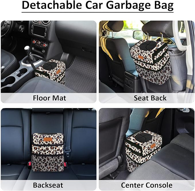 ELONGRIVER Car Trash Can Bin for Back Seat Leak Proof, Cute Car Trash Bag Hanging, Vehicle Trash Can for SUV Truck Van, Automotive Garbage Cans Front Seat Leopard Print