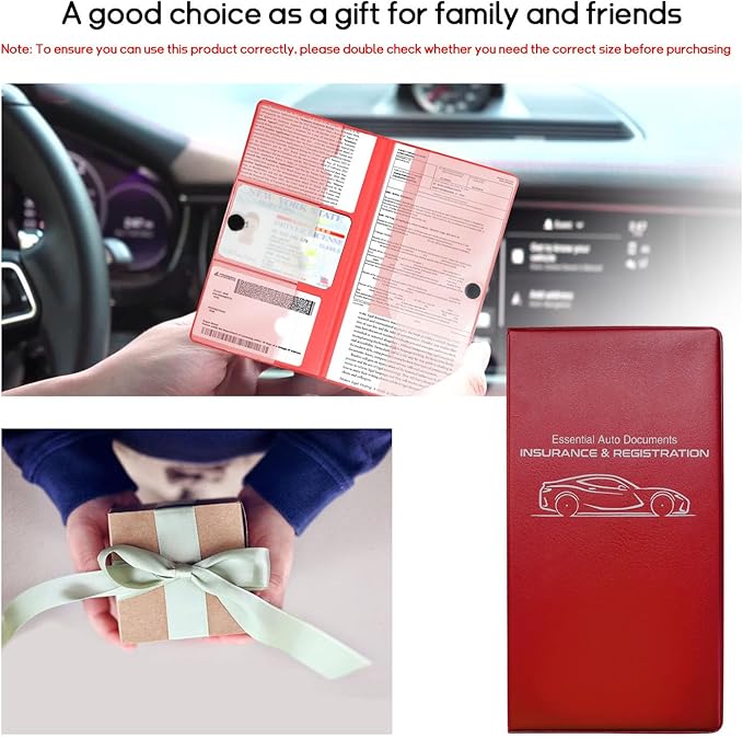 Car Registration and Insurance Holder, 10.39''×9.56'' Essential Auto Card Document Glove Box Organizer with Closure, Car Interior Accessories (Red, Small Car)