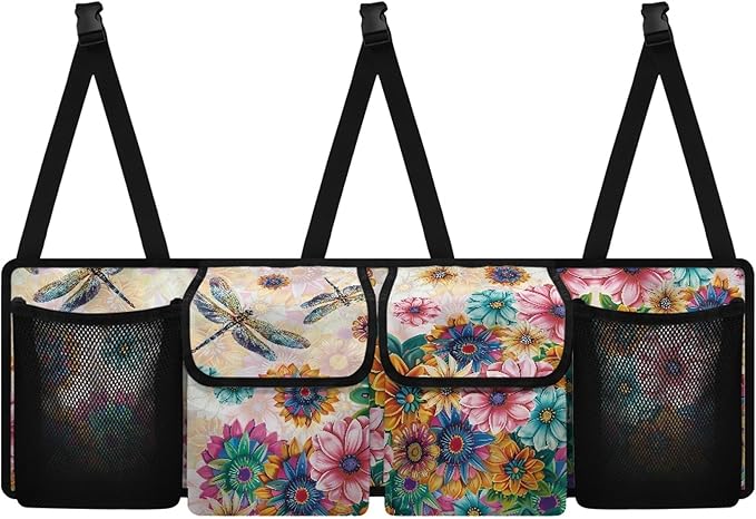CLOHOMIN Dragonfly Car Trunk Organizer SUV Trunk Organizer Dahlia Car Backseat Storage Bag with 4 Pockets Hanging Backseat Organizer with Adjustable Straps Auto Accessories