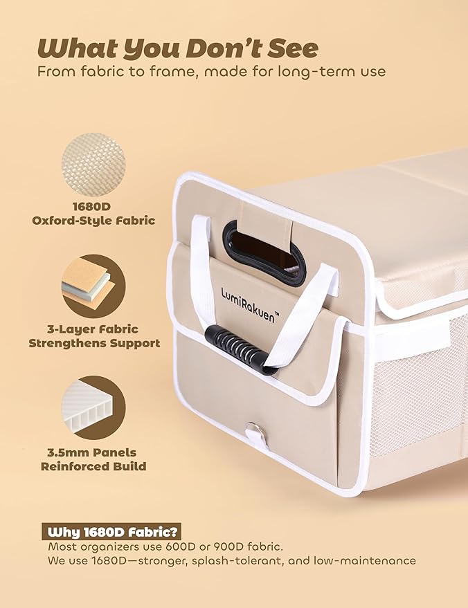 LumiRakuen Collapsible Car Trunk Organizer Storage with Removable Lid, Long-lasting 1680D fabric, 3.5mm PP Panels, Multi-Compartment, No Sliding Bottom, 2 Adjustable Straps for SUV,Tesla (XL,Cream)