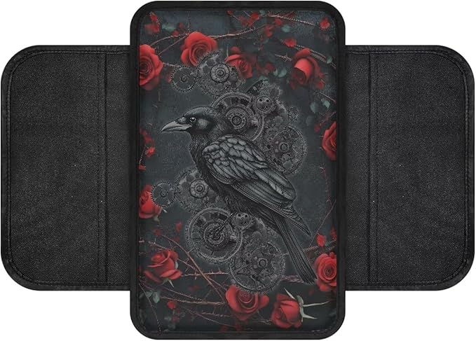 Dreaweet Car Armrest Cover for Women Gothic Crow Car Accessories Center Console Cover Replacement,Universal Arm Rest Cover for Car Console Covers with Pockets for Truck Sedan SUV