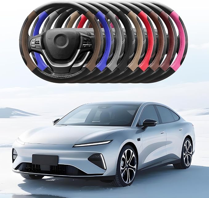 Car Steering Wheel Cover, 14.5-15" Non-Slip Leather Sporty Vehicle Steering Wheel Protector, Breathable Auto Interior Decoration Accessories, Universal for Van Truck Sedan (Black/Beige)