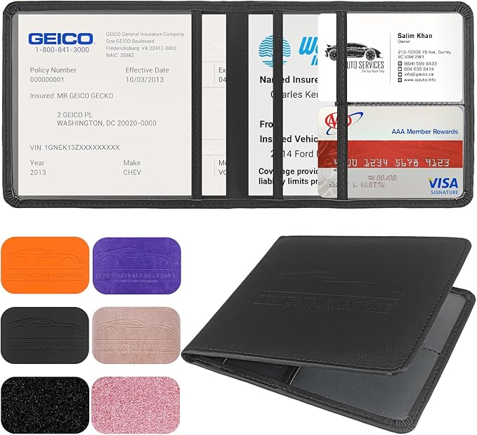 LumiMokki Car Registration and Insurance Holder, Leather Registration and Insurance Card Holder, Vehicle Glove Box Organizer - For Documents, Cards, License (Black)