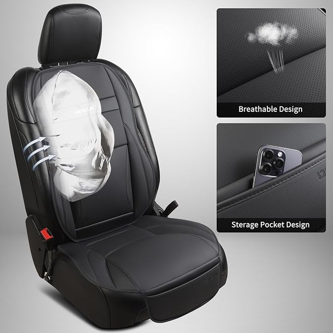 Gripure Car Seat Cover Protector for Front Seats – Waterproof, Breathable Faux Nappa Leather, Airbag Compatible, Dual Support for Waist & Legs, Universal Fit for Sedans, SUVs, Pickups (2pcs, Black)