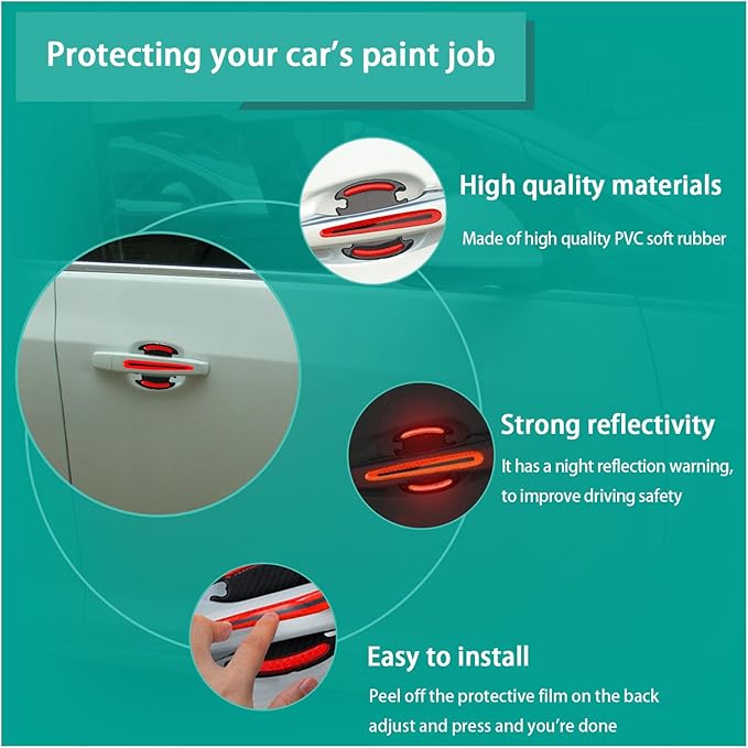 Augeny 8Piece Car Handle Protector Reflective Stickers, Universal 3D Carbon Fiber Auto Handle Paint Guard, Anti-Scratch Bowl Protective Film for Most Cars (Red)