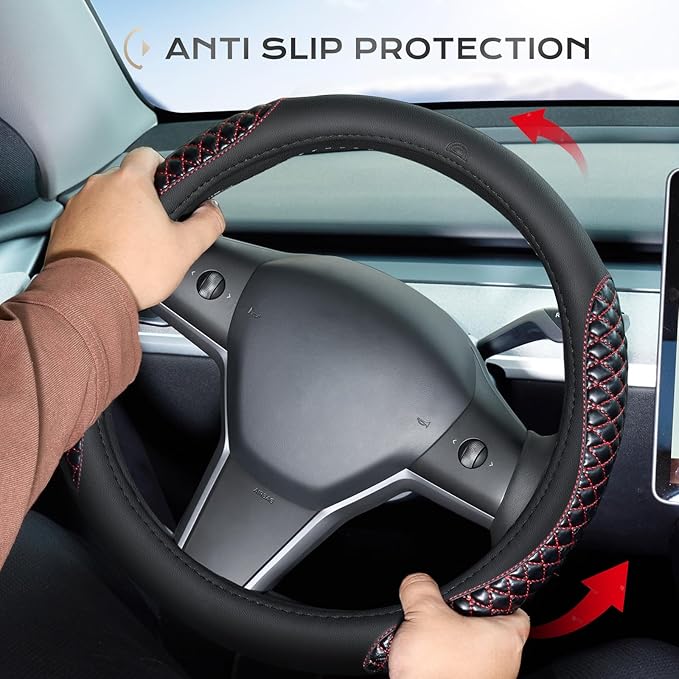 Coverado Car Steering Wheel Cover, Nappa Leather Black & Redline Steering Wheel Covers, Universal 14-15 inch, Anti-Slip, Breathable Steering Wheel Protector for Women Men