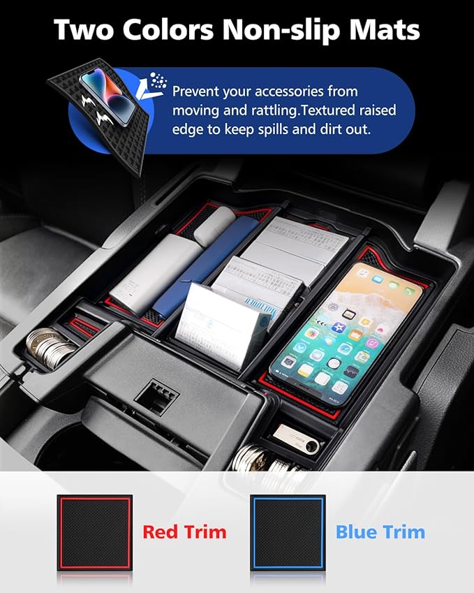 FIILINES Center Console Organizer for Dodge Ram 1500 2500 3500 2019-2025, Center Console Tray Secondary Armrest Storage Box ABS Insert Container with Anti-Slip Mats