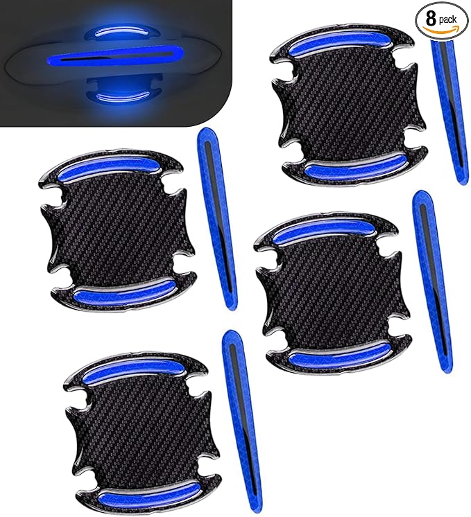 8 PCS Car Door Handle Scratch Protector, 3D Carbon Fiber Car Door Handle Protector, Self-Adhesive Reflective Sticker, Safety Warning, Cars Paint Protection Film (Blue)