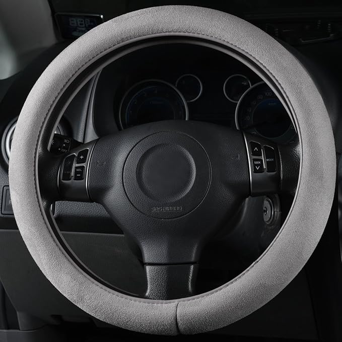 CAR PASS Car Steering Wheel Cover,14.5-15 Inch Gray Faux Suede Universal Memory Foam Auto Steering Wheel Covers Breathable Anti-Slip Odorless Steering Wheels Accessories for Men Women