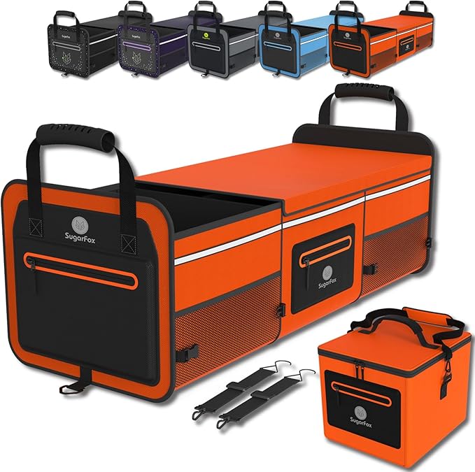 SugarFox 95L Car Trunk Organizer & Storage With 26L Ice Pack, Waterproof Foldable | Trunk Organizers for SUVs & Cars, Car Storage Organizer, Great Gift for Drivers (Orange-M004)