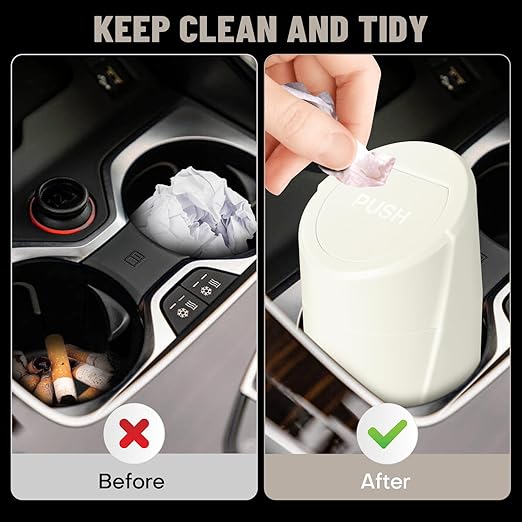 SGLRT Car Trash Can Bin with Lid - Car Garbage Can Cup Holder - Light Beige Mini Leakproof Vehicle Garbage Bin with 40pcs Trash Bags-Automotive Organizers and Storage for Front Back Seat Accessories