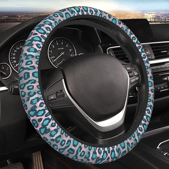 Cheetah Print Blue Car Steering Wheel Cover, 15 Inch Steering Wheel Cover Stylish Decor for Most Cars